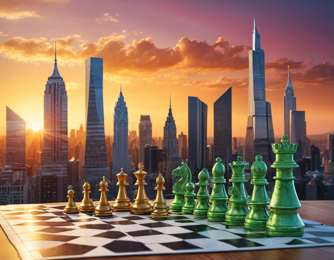 A dynamic scene depicting a chessboard made of skyscrapers, with towering buildings representing financial leverage. In the foreground, a chess piece symbolizing strategy and growth stands tall, while dollar bills and real estate icons hover around. A graph illustrating LTV insights rises above, blending with a skyline at sunset, showcasing opportunity. super-realistic. vibrant colors. 3D.