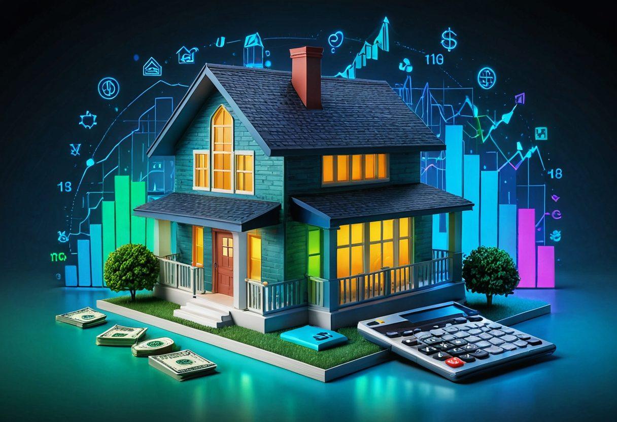 A visually striking layout featuring a large house icon surrounded by financial symbols like dollar signs and graphs, depicting the concept of LTV ratio. Include a bright, inviting background with a gradient of green and blue to symbolize growth and prosperity in real estate. Overlay transparent calculators and bar charts to emphasize financial leverage. super-realistic. vibrant colors. 3D.
